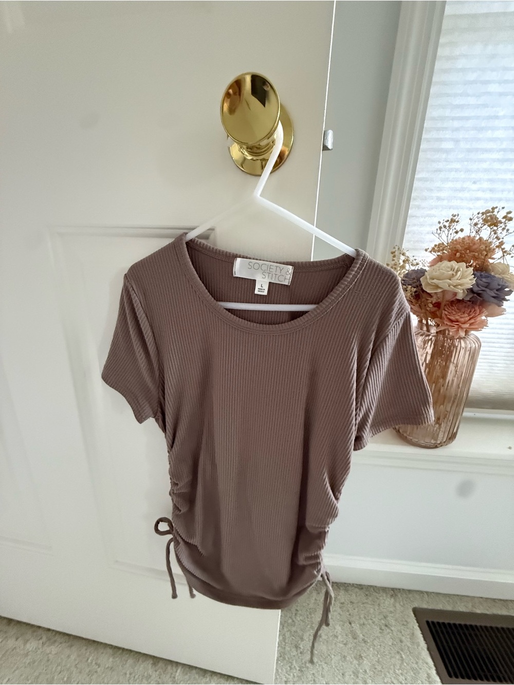 Taupe Ribbed Side-Tie Short Sleeve Top